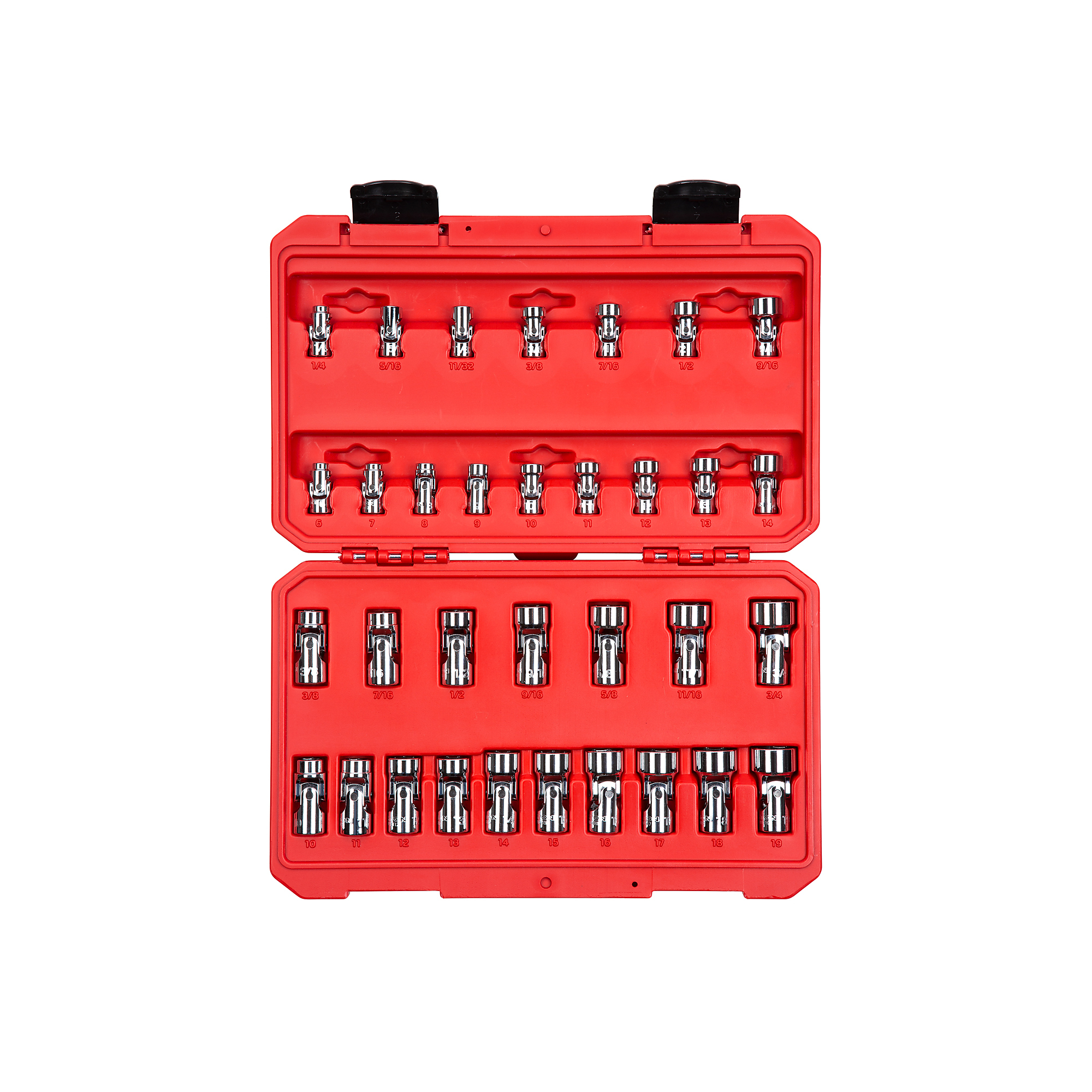 TEKTON 1/4, 3/8 Inch Drive Shallow 6-Point Universal Joint Socket Set with Case, 33-Piece (1/4 - 3/4 in., 6 - 19 mm) | SHD99301